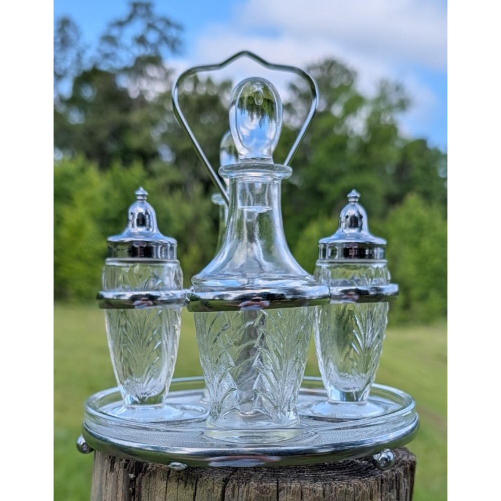 Jeannette Feather Depression Glass Footed Shaker Set Cruet Bottles Carrier 1950s
